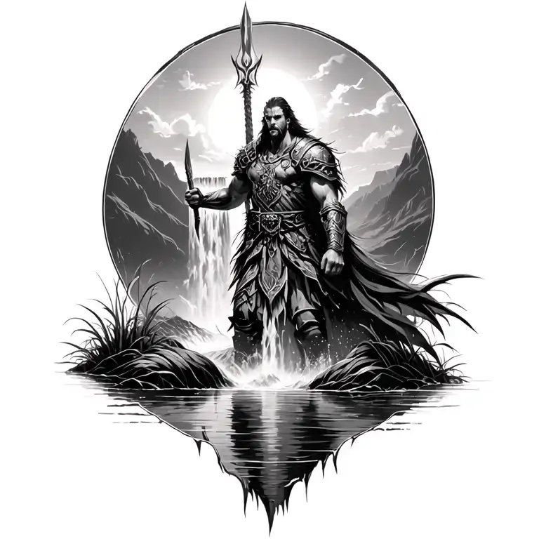 Warrior And Waterfall Surrounded By Marsh And Shining Light