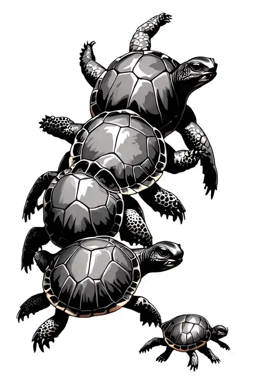 6 Turtles All Different Sizes Interlocked With Each Other