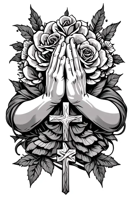 Hands Praying With A Rosery Wrapped Around A The Hands And 3 Crosses Under The Praying Hands