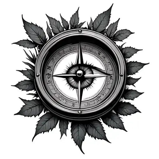 Compass With Eye Inside Can Covered With Leaves Growing