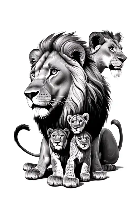 Father Lion With Two Young Lions