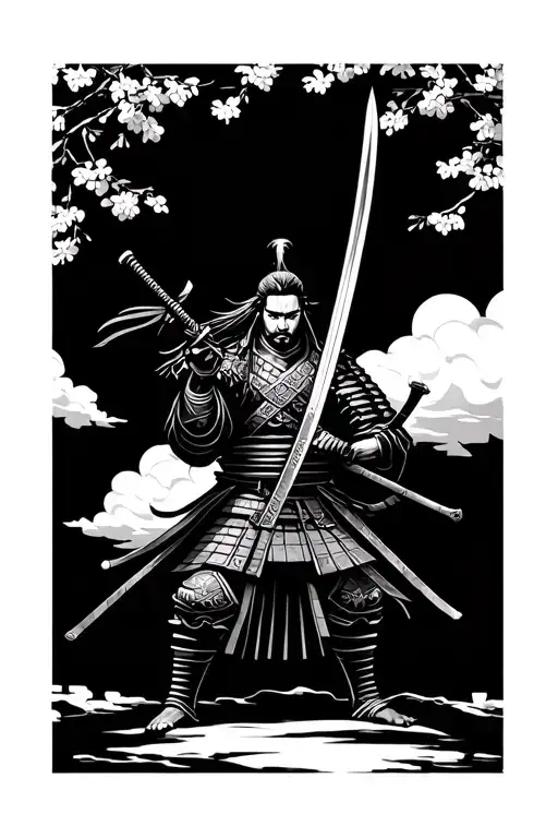 Samurai Warrior Wielding A Sword Standing Under A Cherry Blossom
