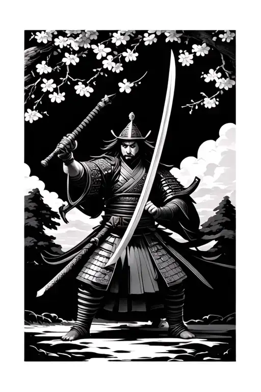 Samurai Warrior Wielding A Sword Standing Under A Cherry Blossom