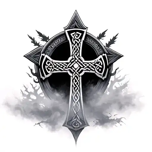 Ancient Celtic Graveyard With Prominent Celtic Cross And Fog