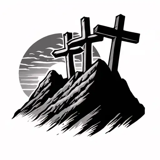 Three Crosses On Top Of Mountain With Sunset