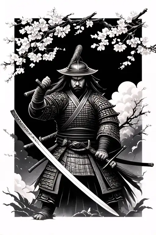 Samurai Warrior Wielding A Sword Standing Under A Cherry Blossom