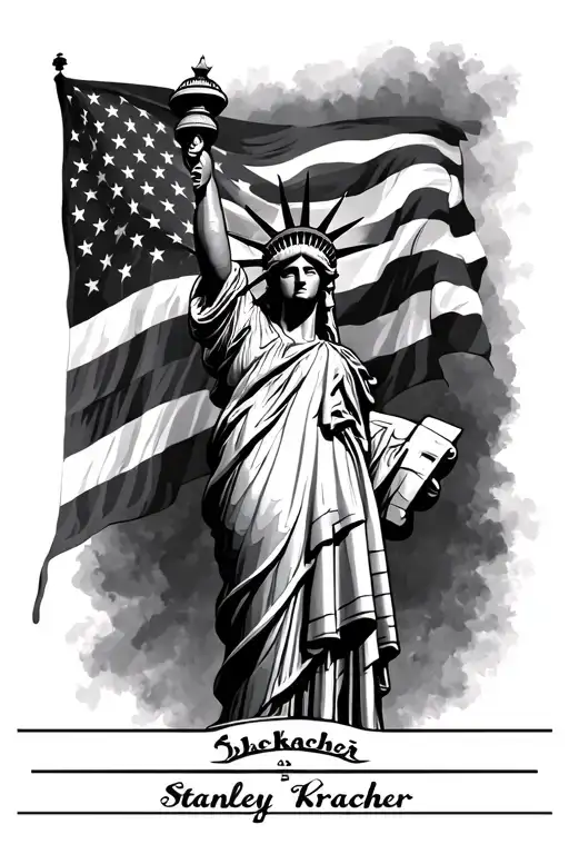 Statue Of Liberty With The American Flag In The Back Ground With The Name Stanley Kracher