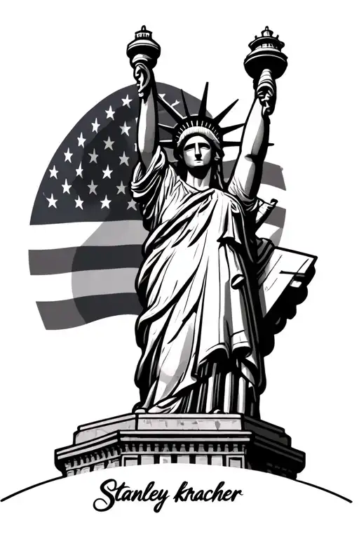 Stone Statue Of Liberty With The American Flag In The Back Ground With The Name Stanley Kracher