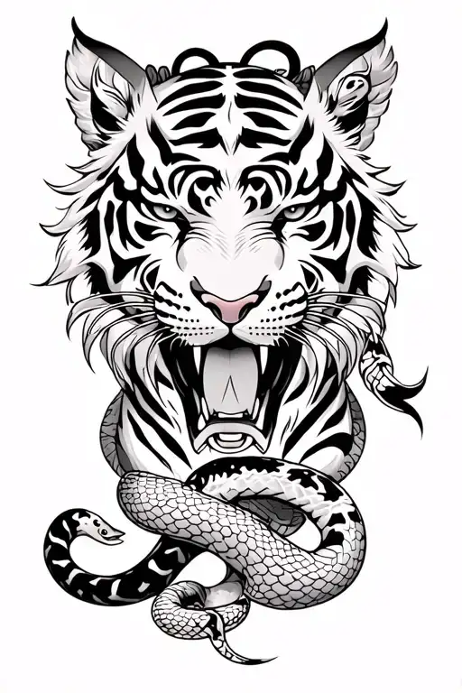 Tiger With Oni Mask And Snake