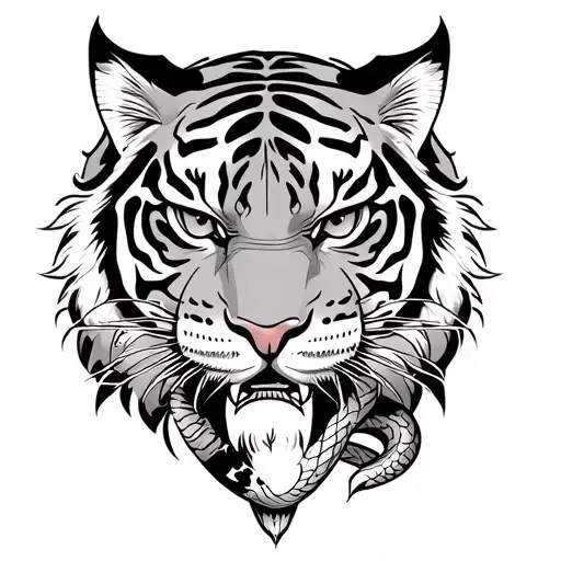 Tiger With Oni Mask And Snake Wrapped