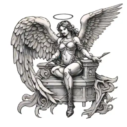 Thigh Tat Oh Huge Angel Behind Girl As A Guard And The Shadow Shows On Front Of Them