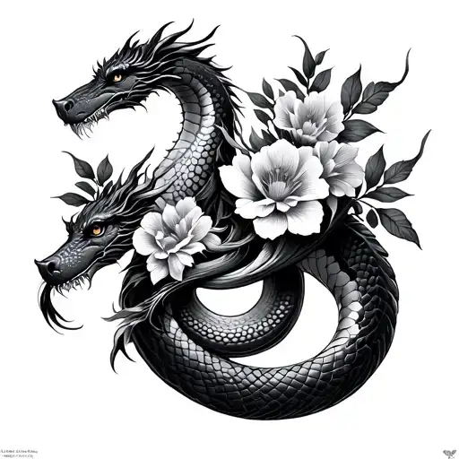 Snake And Dragon Wrapped And Flowers