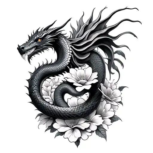 One Snake And One Dragon Wrapped And Flowers