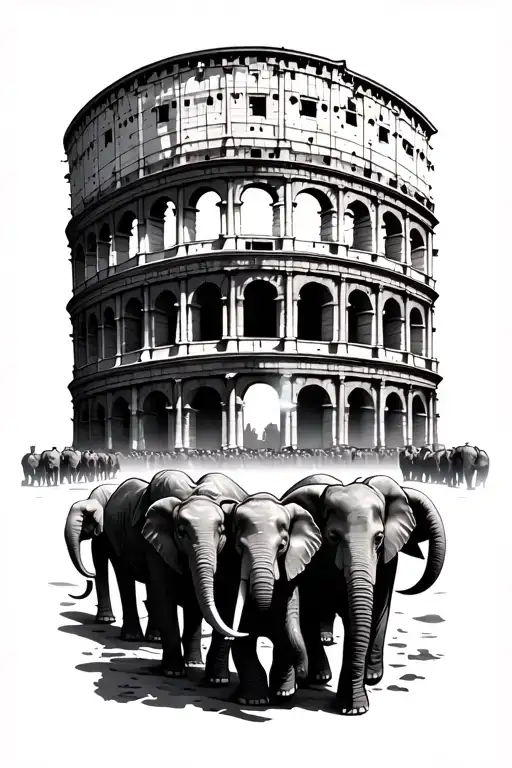 Colosseum Surrounded By Elephants Walking Together
