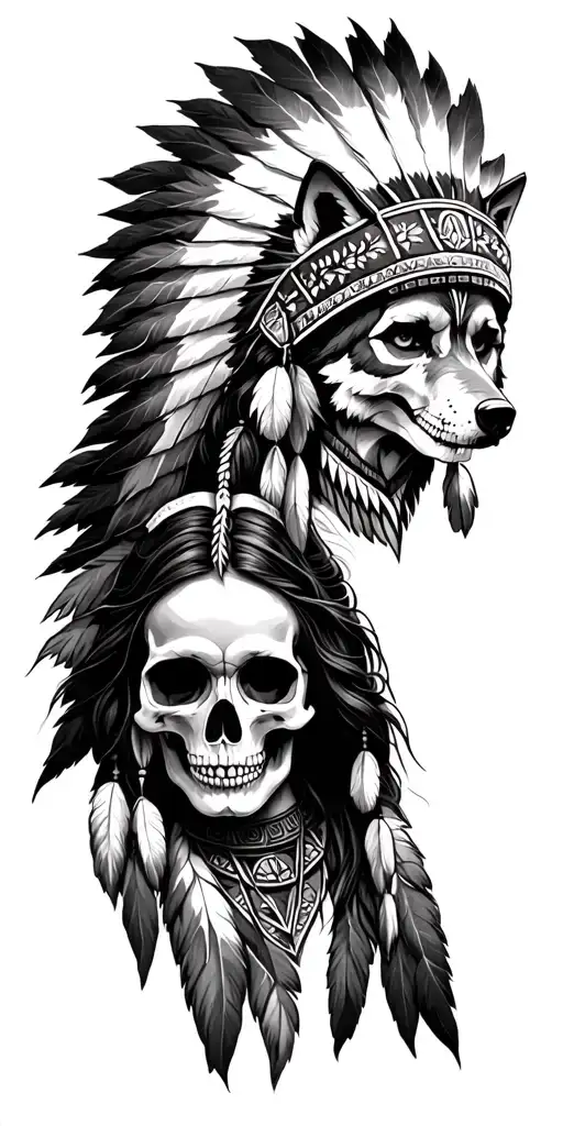 Native American Sleeve Skulls Chief Headress With Women And Wolf Head