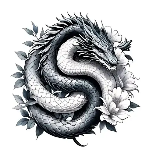 One Snake And One Dragon And Flowers Intertwined
