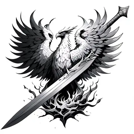 Phoenix Rising Out Of Ash Around A Sword