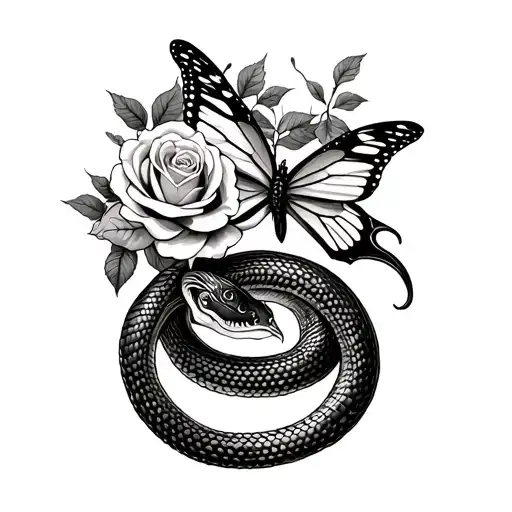 Full Snake Roses Butterfly Tattoo Design