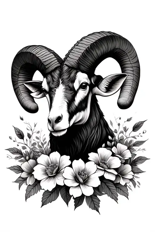 Aries Ram Head Surrounded By Flowers