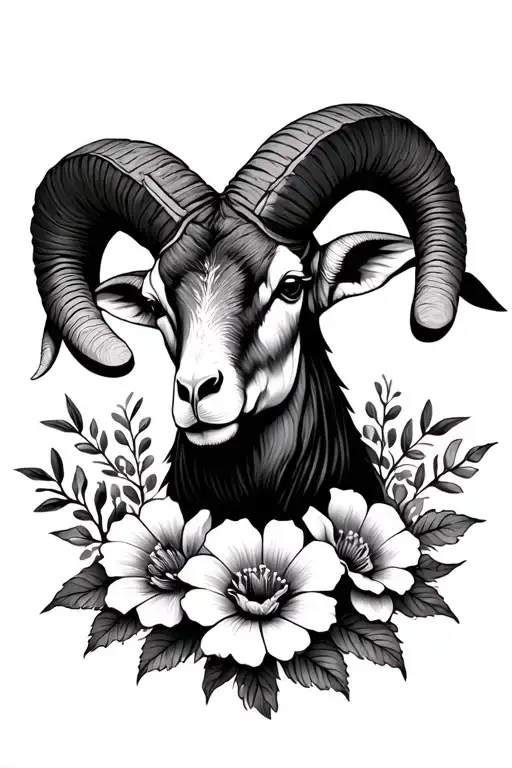Aries Ram Head Surrounded By Flowers