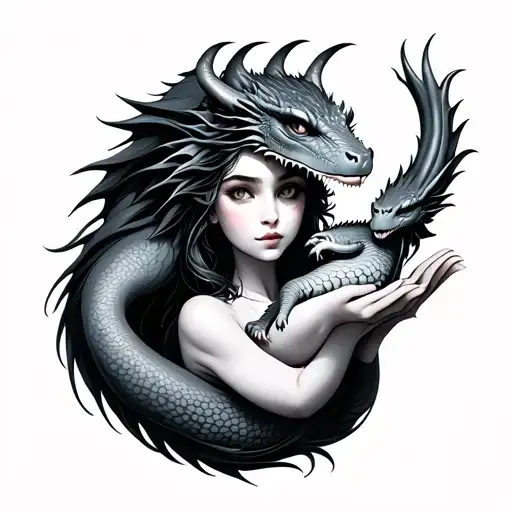 Beautiful Woman Holding A Baby Dragon With Open Hands