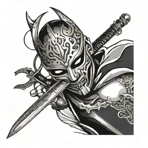 Pain Behind A Mask Holding With A Sword Piercing