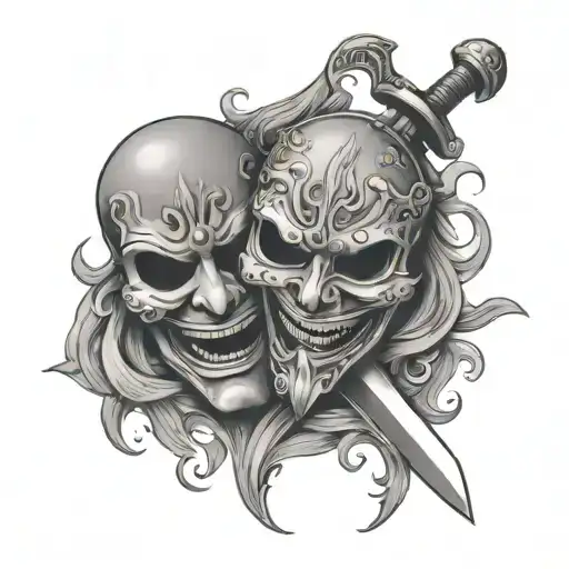 Crying Mask Holding A Laughing Mask With A Sword Piercing The Laughing Mask
