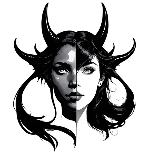 Face Of A Woman With Half In The Form Of A Devil