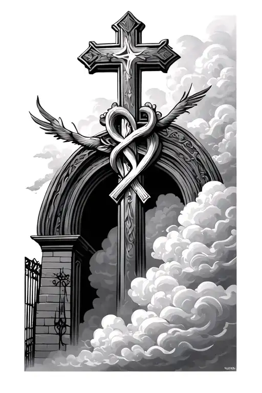 Heaven Gates With Clouds And Cross Intertwined