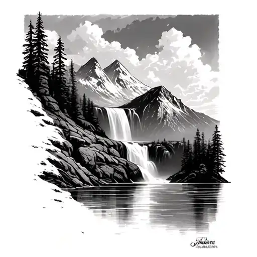 Mountain Waterfall Lake Tortuously Going To The Lake