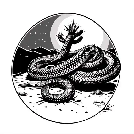 Spikey Cactus With Rattle Snake In The Moonlight
