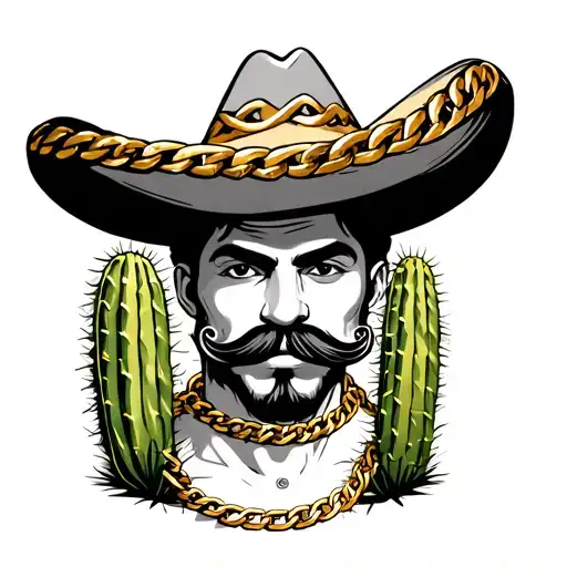 Desert Cactus With Sombrero And Mustache Wearing Gold Cuban Link Chain Necklace