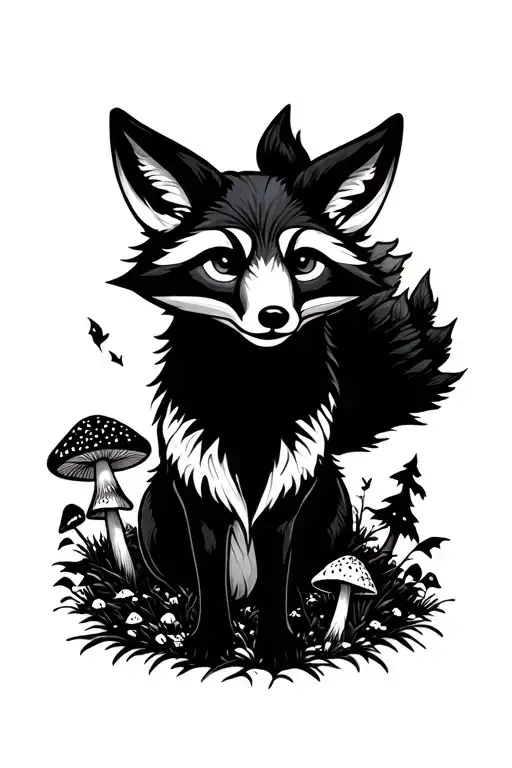 Black And White Fox With Mushroom And Forest Scene