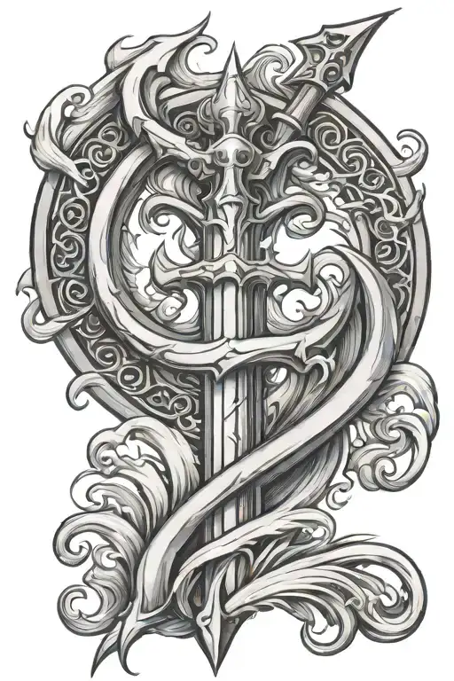 Poseiden Trident Surrounded By Waves Flowing