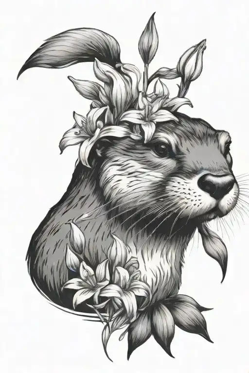 Otter Head Surrounded By Lillies