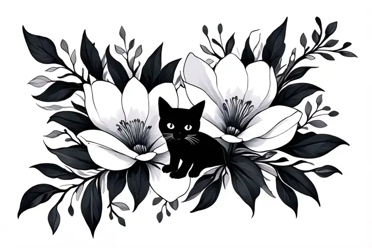 Magnolia Inspired Floral And Abstract Pattern Piece With Small Cat Silhouette Center