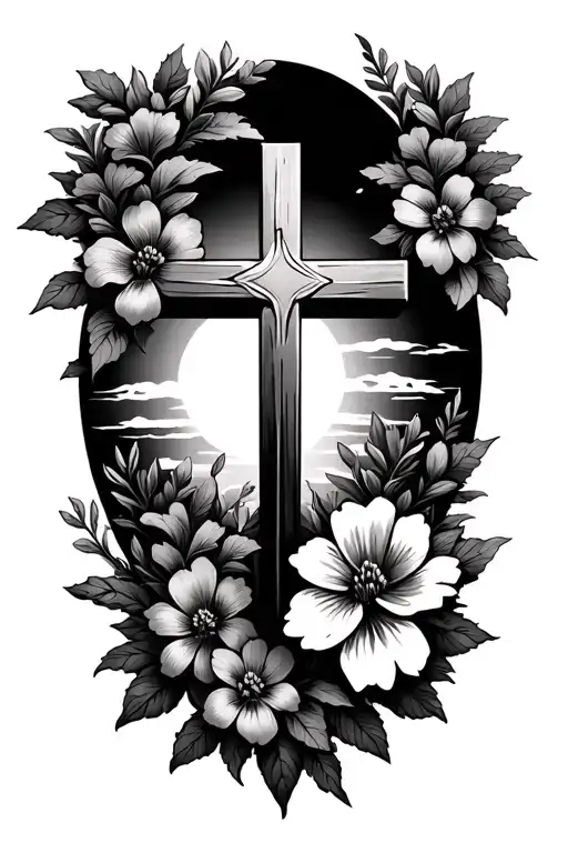 Cross With Sunrise And Flowers Growing