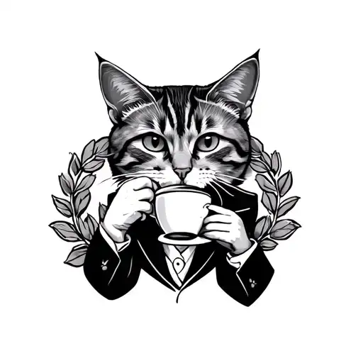 Cat Wearing Suit Drinking Coffee And Wreath