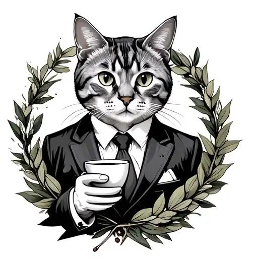 Cat Wearing Suit Holding Coffee And Wreath