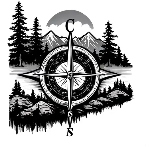 Compass Pointing North East And Mountains Across With Trees