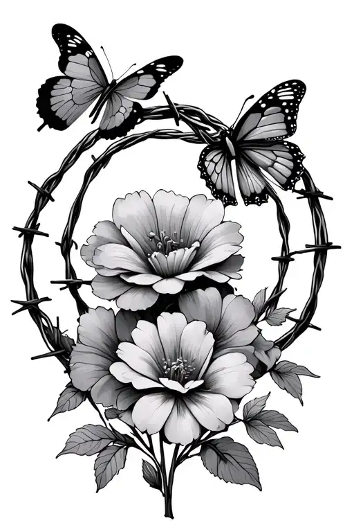 Barbed Wire With Flowers And Butterflies