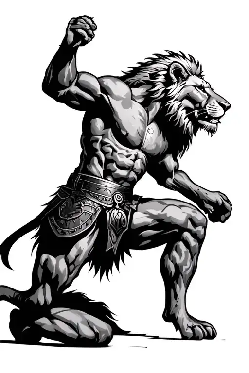 Lion And Spartan Warrior Kneeling