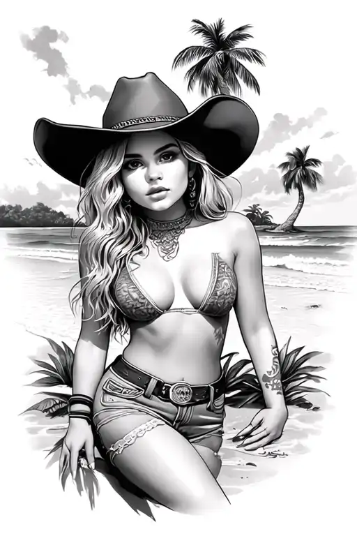 Sexy Blonde Girl With A Cowboy Hat On With A Beach And Palm Trees In The Background