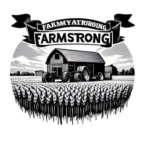 Barn And Tractor In A Wheat Field With A Banner That Says Farmstrong On It