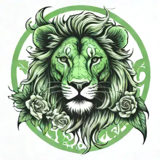 Green Lion Eating A Sun With A Floral Background