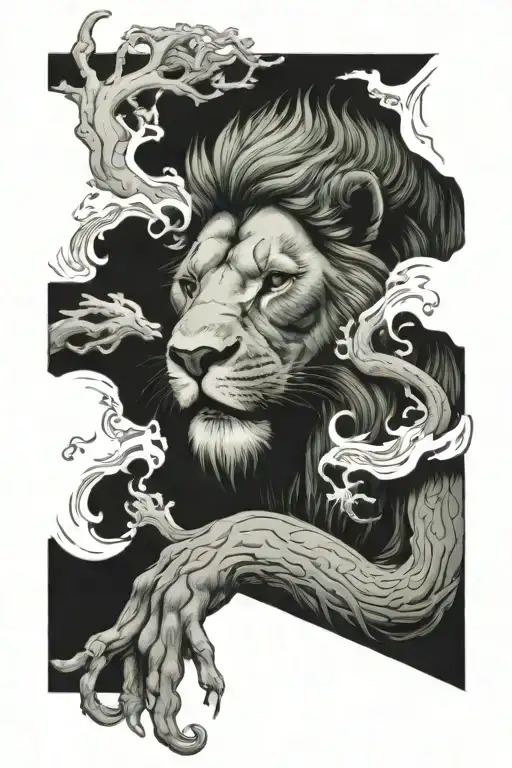 Green Lion Eating A Sun With Coral Background Black And White