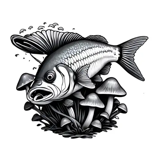 Fish High With Mushrooms Around It
