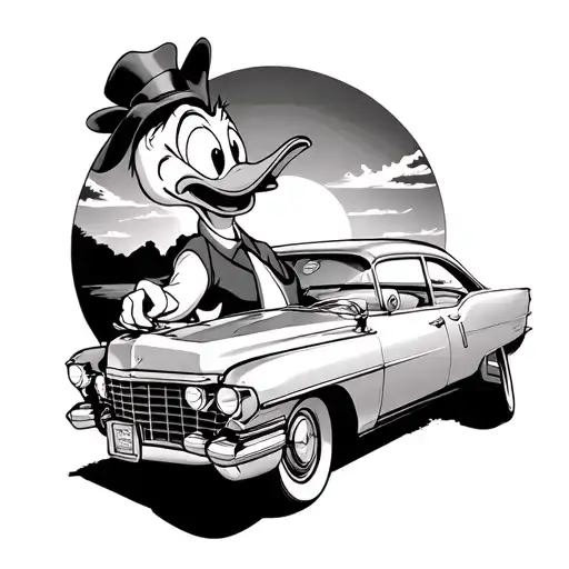 Donald Duck Driving Cadillac In Sunset