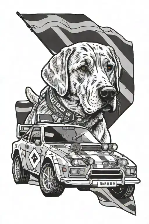 A Ford Rally Car With A Labrador Inside It In The Driver Side Driving It With A Scotland Flag