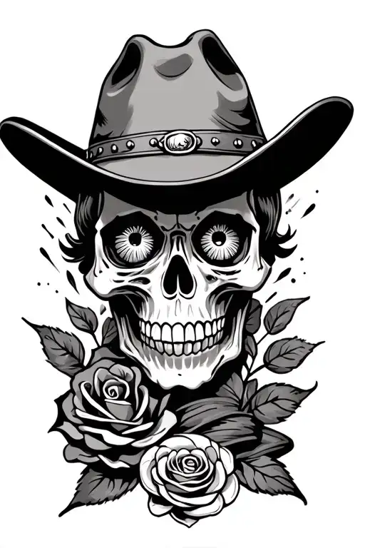 Skull Wearing Cowboy Hat With Rose Sticking Out Eye Socket And An Emblem Wrapped Around The Bottom